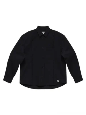 Black tonal patchwork embroidered cotton poplin streetwear shirt flat lay front view with pointed collar chest pocket and button placket