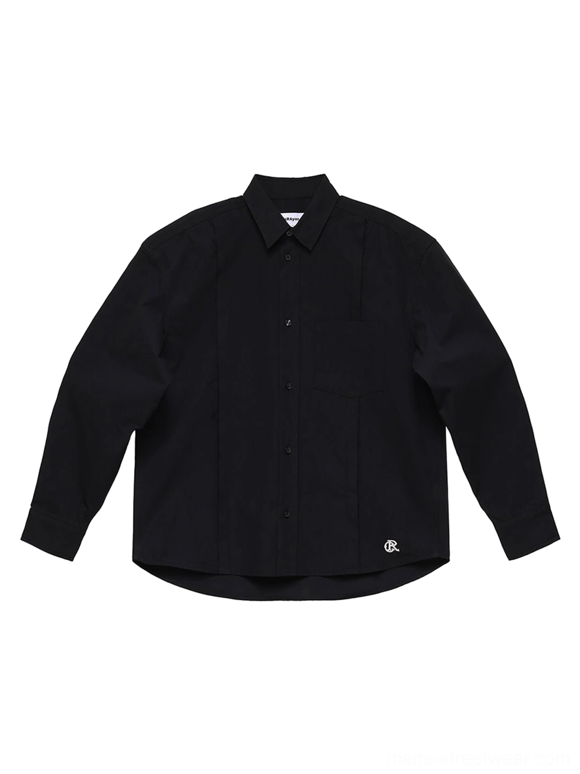 Black tonal patchwork embroidered cotton poplin streetwear shirt flat lay front view with pointed collar chest pocket and button placket