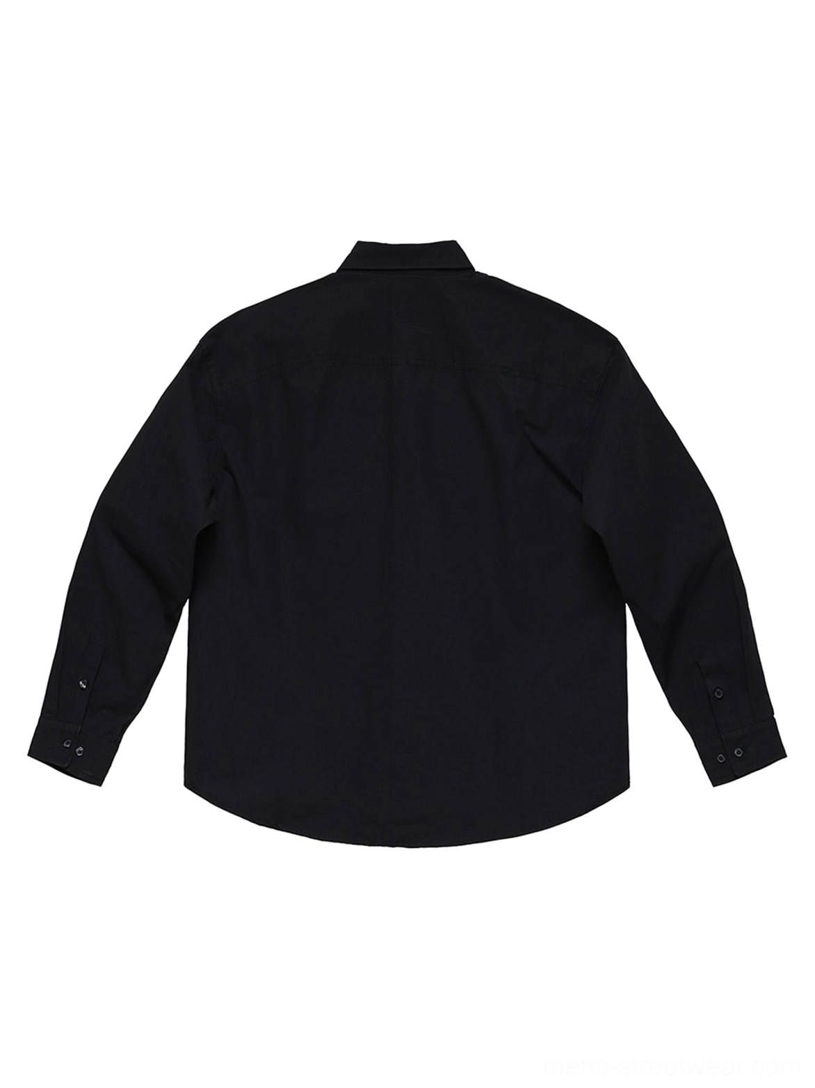 Black long sleeve cotton poplin streetwear shirt flat lay back view showing clean tailoring curved hem and button cuffs