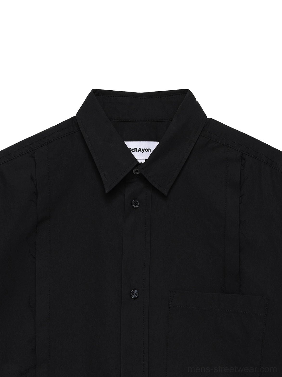 Close up of black cotton poplin shirt pointed collar button placket and tonal front pleat construction