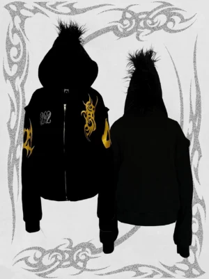 Black tribal flame faux fur hood zip hoodie front and back flat lay with gold graphics and rhinestone style 202 detail