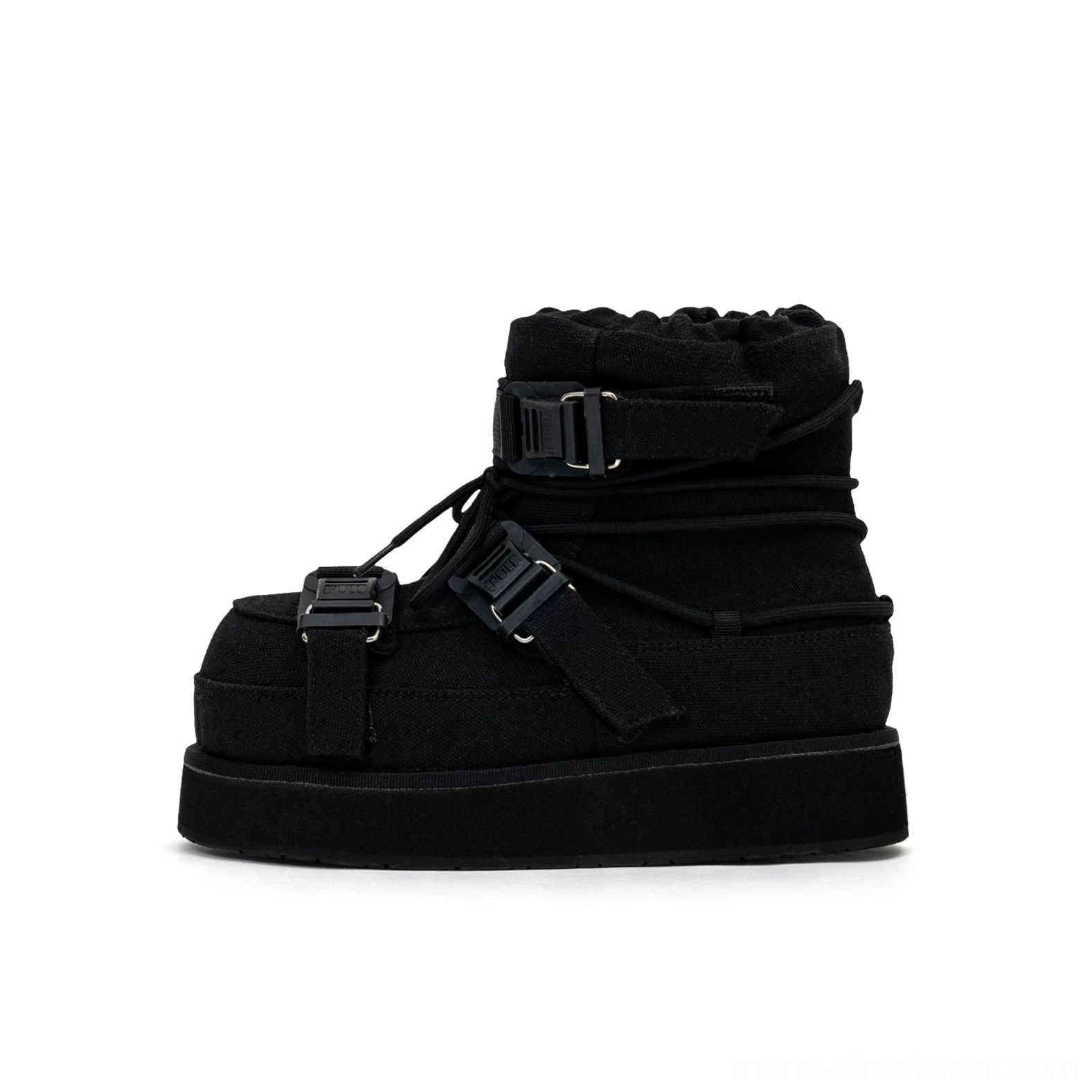 Single black triple-buckle platform moon boot side view showing padded quilted upper, drawcord collar and rubber outsole