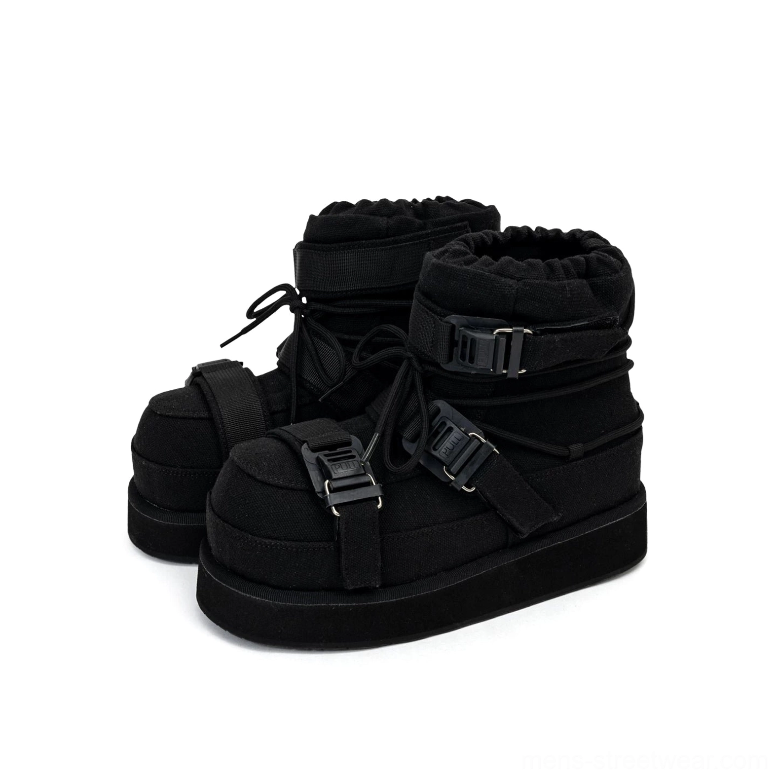 Black triple-buckle quilted platform winter boots pair with rounded toe, lace-up front and thick lightweight rubber sole