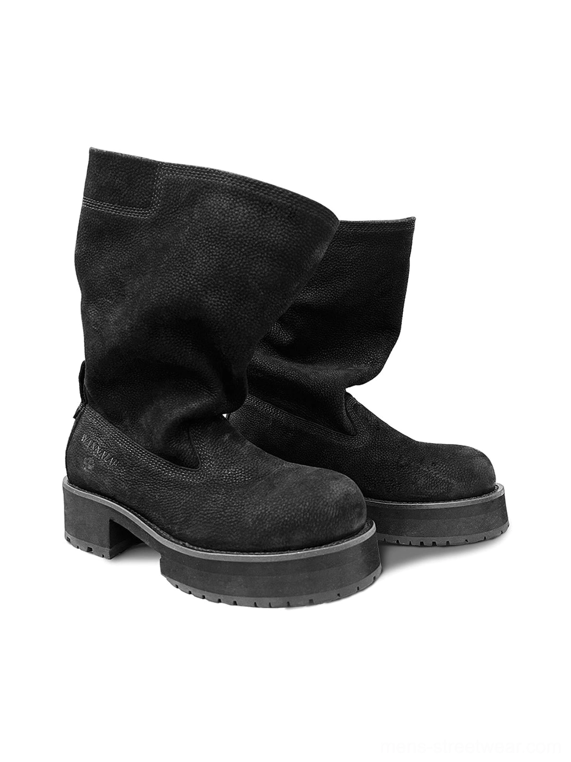 Front view of black tumbled leather slouch mid-calf platform boots with rounded toes and folded cuffs