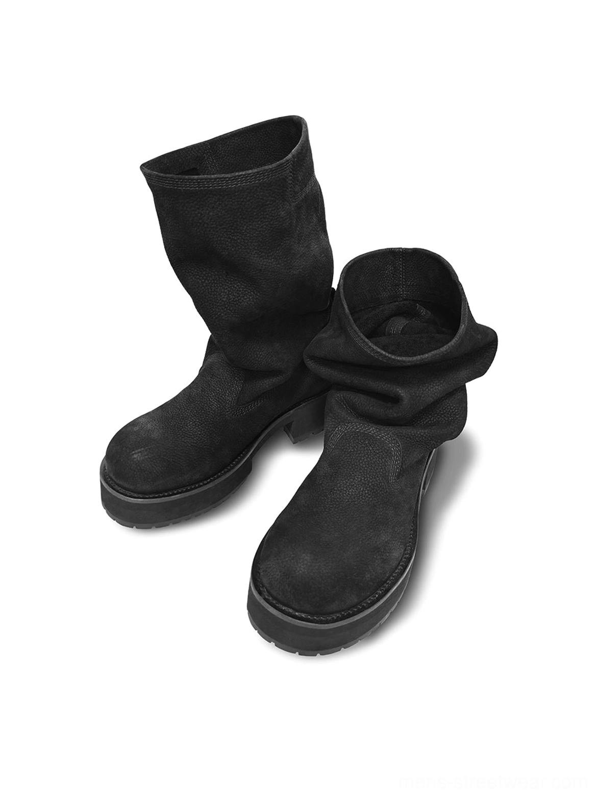 Overhead view of black tumbled leather slouch mid-calf platform boots with asymmetric folded leather cuffs