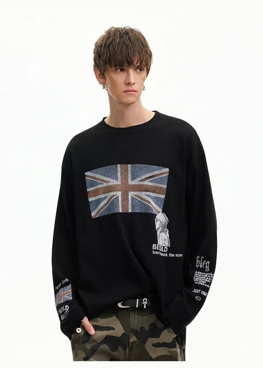 Black Union Jack printed waffle long sleeve streetwear tee with detailed chest graphic and casual loose fit