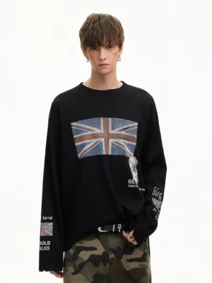 Black Union Jack waffle knit long sleeve streetwear tee with sleeve graphics and relaxed grunge fit
