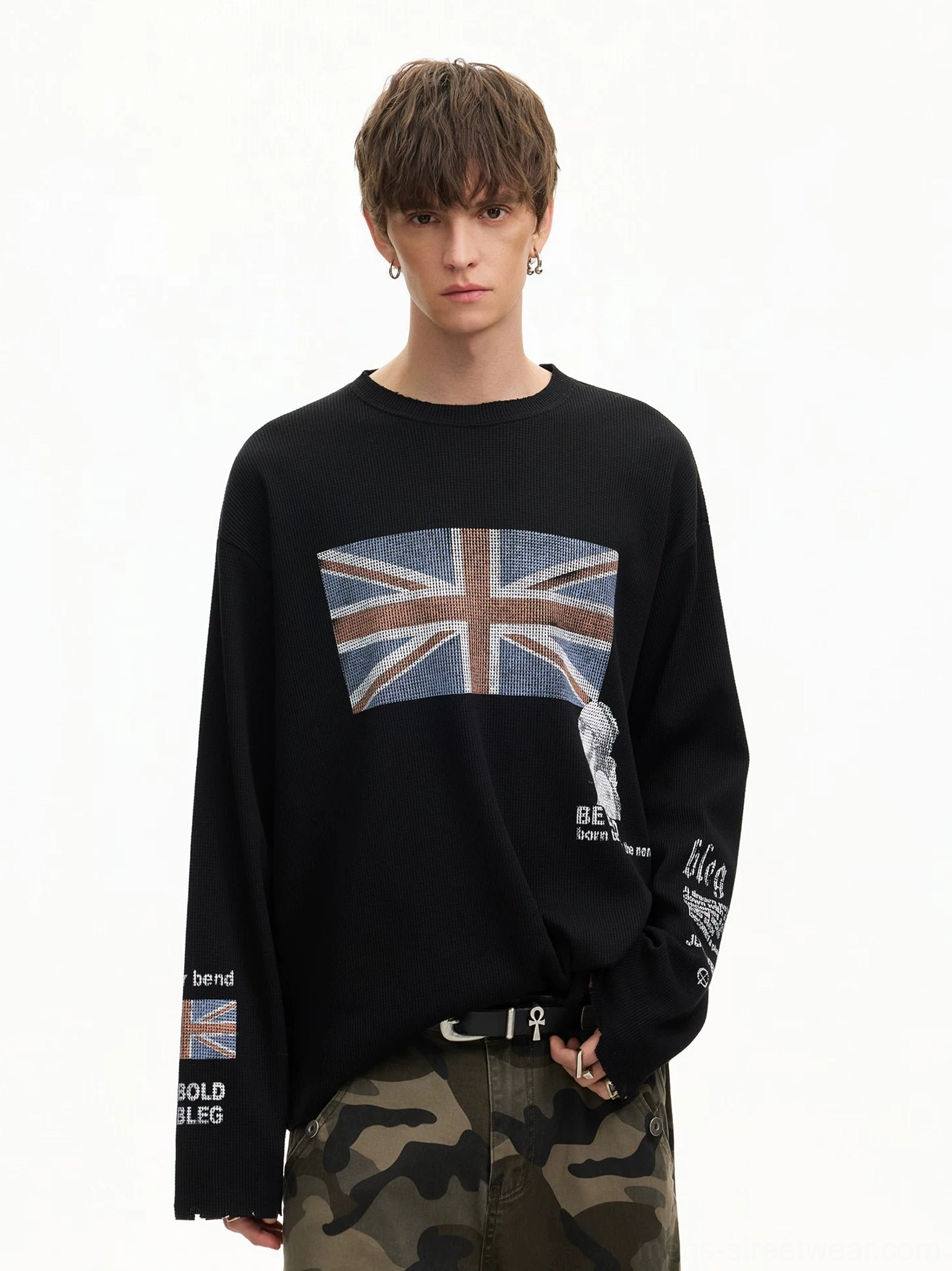 Black Union Jack waffle knit long sleeve streetwear tee with sleeve graphics and relaxed grunge fit