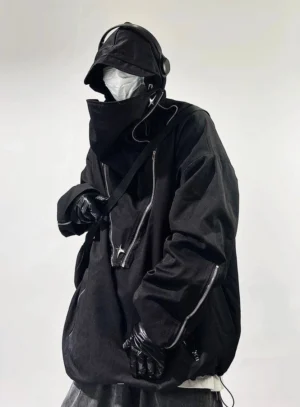 Black urban techwear jacket side view with oversized hood, zippered high neck panel, gloves, and silver zipper details