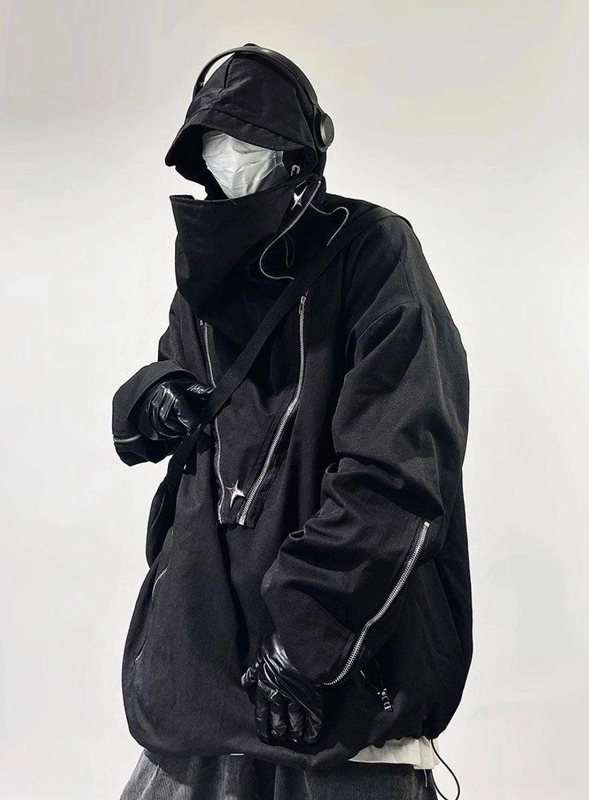 Black urban techwear jacket side view with oversized hood, zippered high neck panel, gloves, and silver zipper details