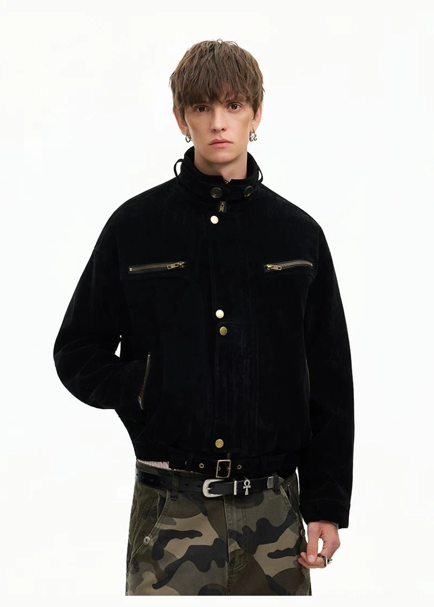 Black utility bomber jacket back three-quarter view with structured stand collar clean silhouette and waist adjustment