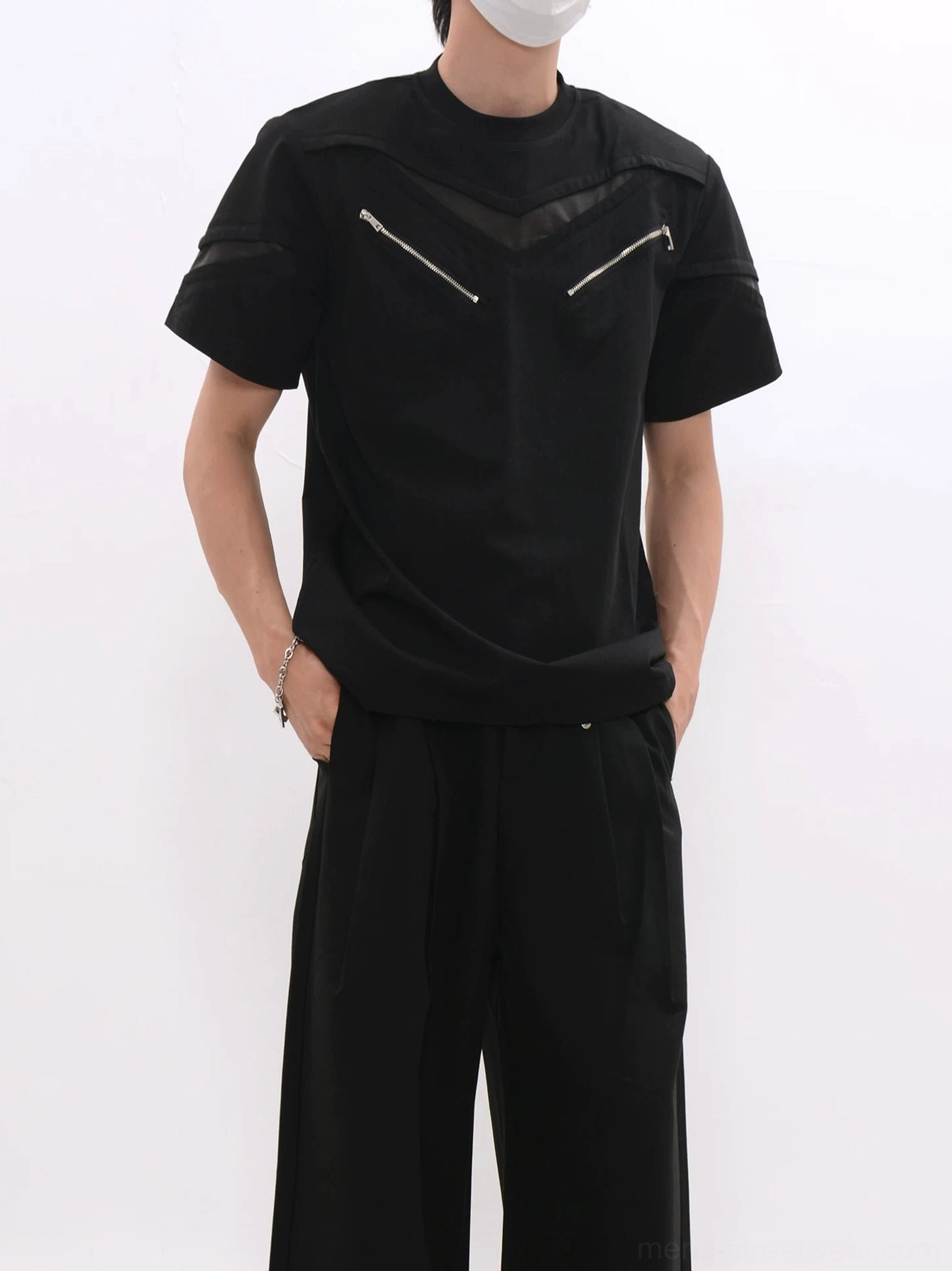 Black utility streetwear zip panel T-shirt with breathable mesh chest panel and short sleeves front model view