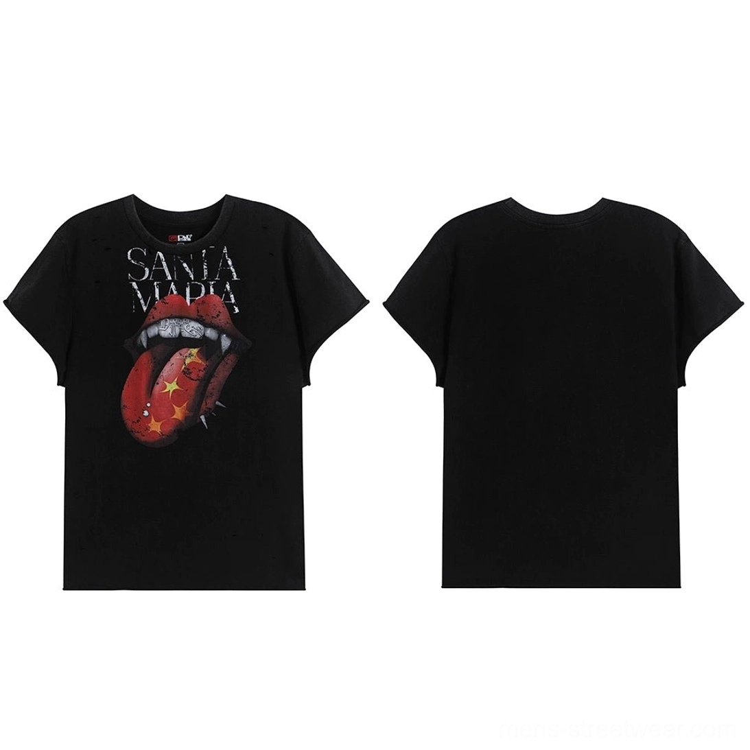 Black vampire lips and tongue graphic crewneck tee product view with faded rock-inspired streetwear design