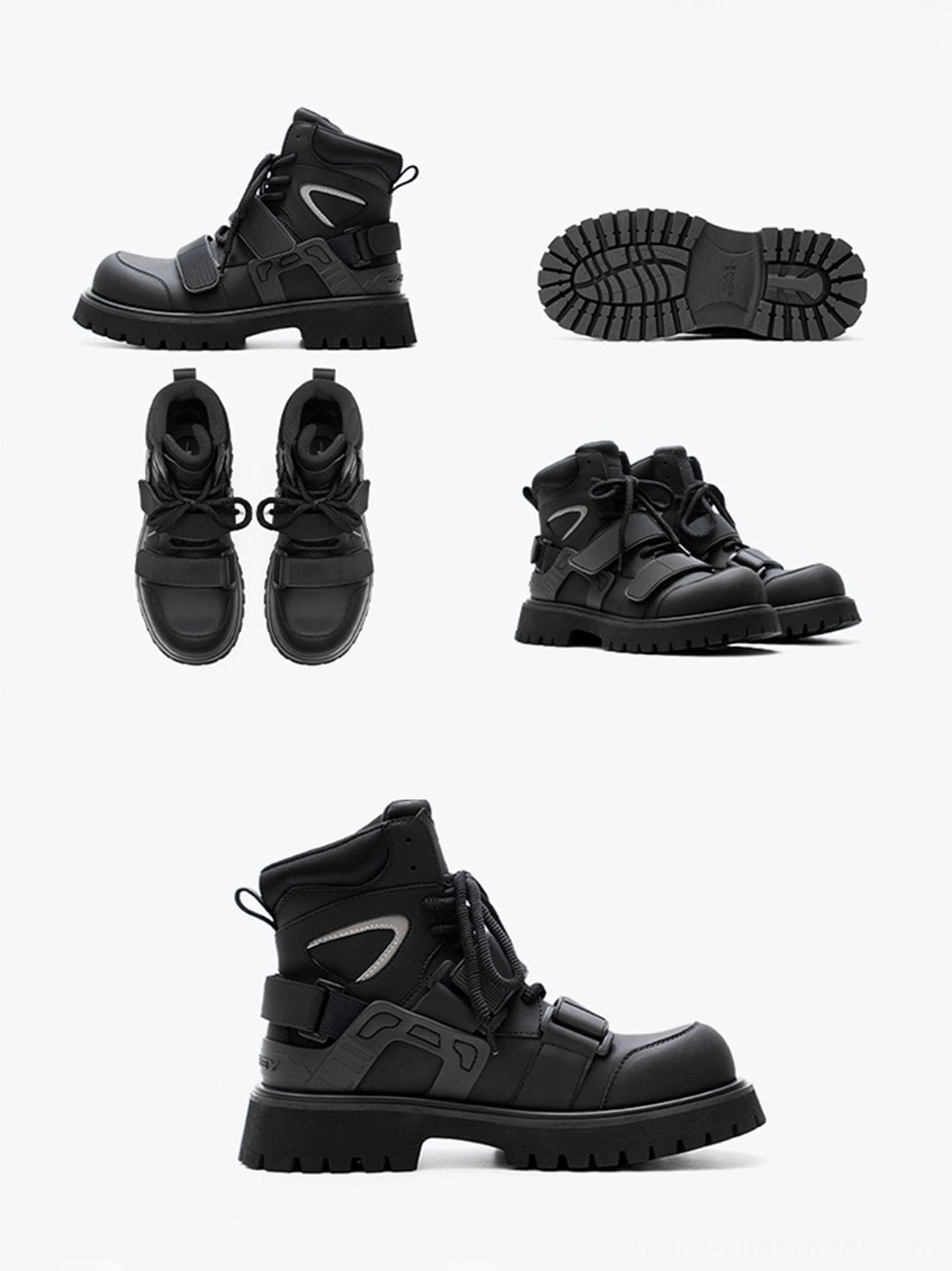 Black Velcro strap lug sole moto combat boots chunky high-top footwear product view