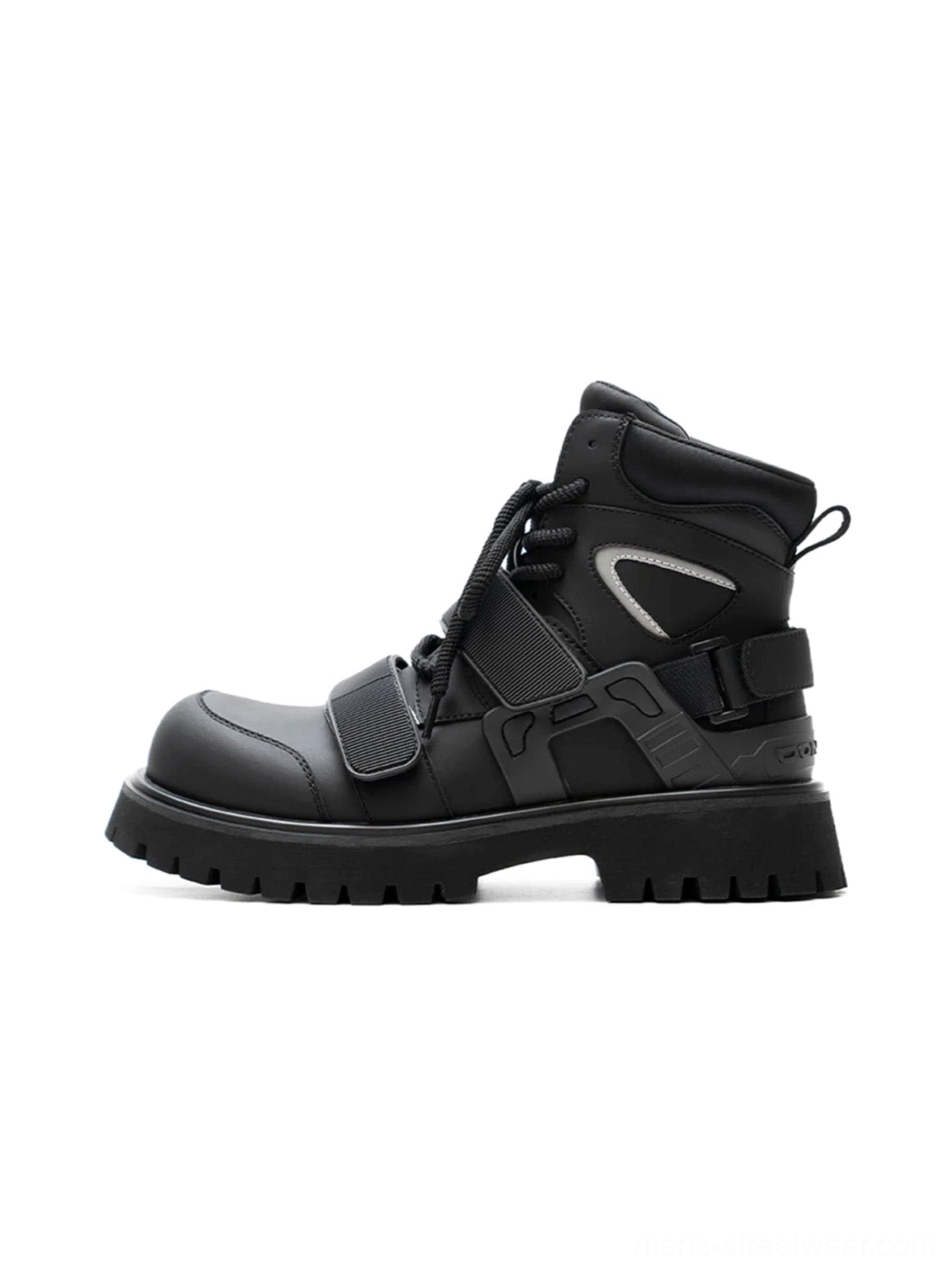 Black Velcro strap lug sole moto combat boots in left side studio view with matte high-top upper