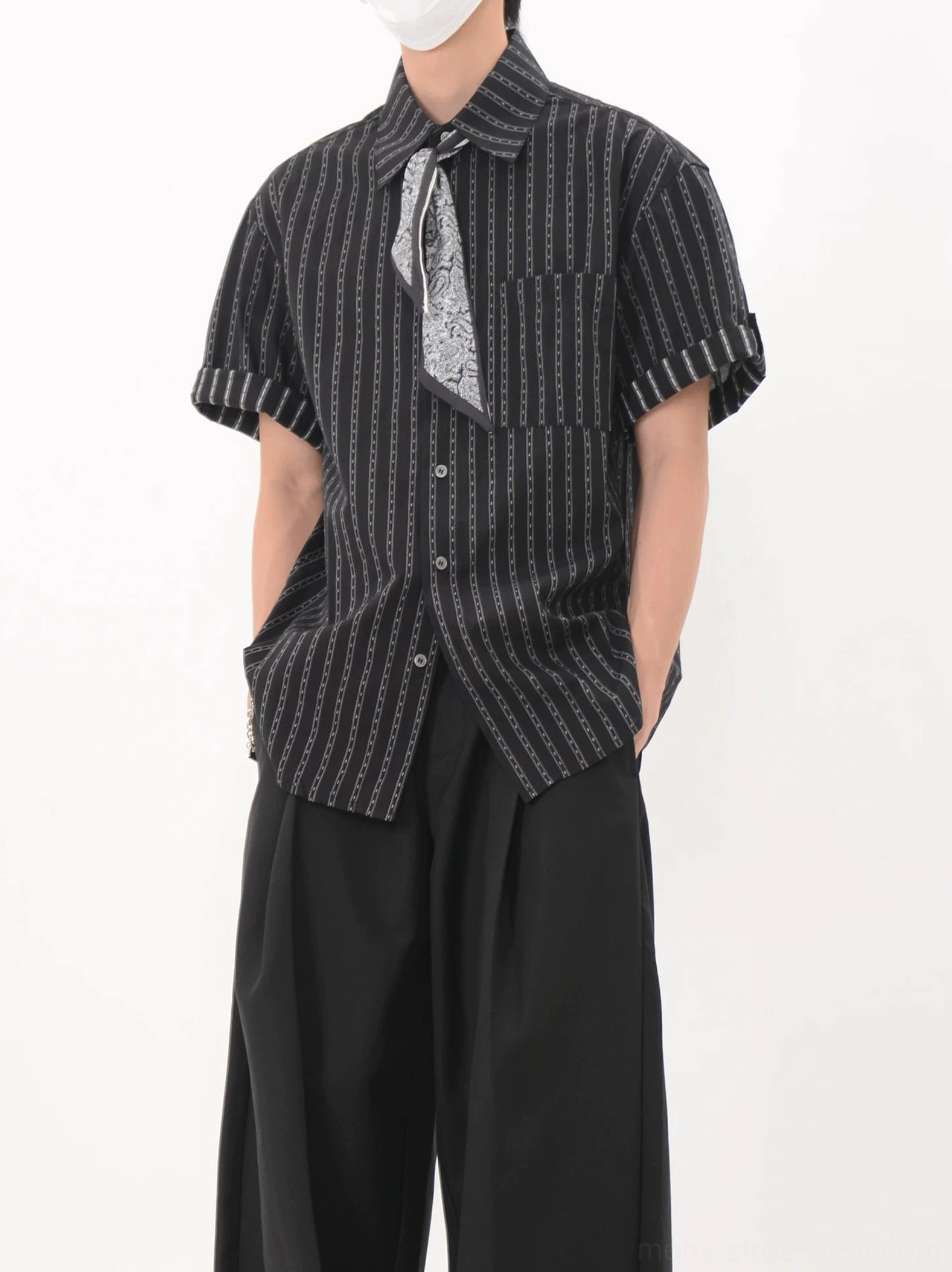Black vertical chainstripe short sleeve button-up shirt with paisley neck scarf, pointed collar, and rolled sleeve cuffs