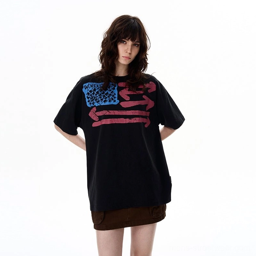 Black vintage flag graphic oversized T-shirt featuring a distressed retro chest print and heavyweight washed cotton streetwear fit