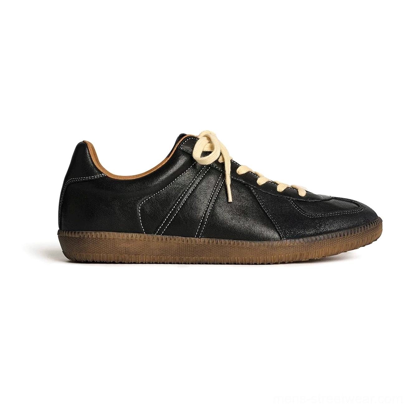 Black vintage leather German Army Trainer sneakers with contrast stitching and tan gum rubber outsole