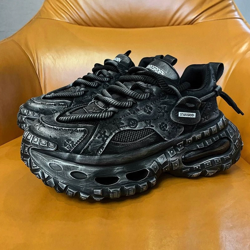 Black Void Circuit chunky platform sneakers product image showing the distressed finish, embossed upper, and heavy streetwear construction