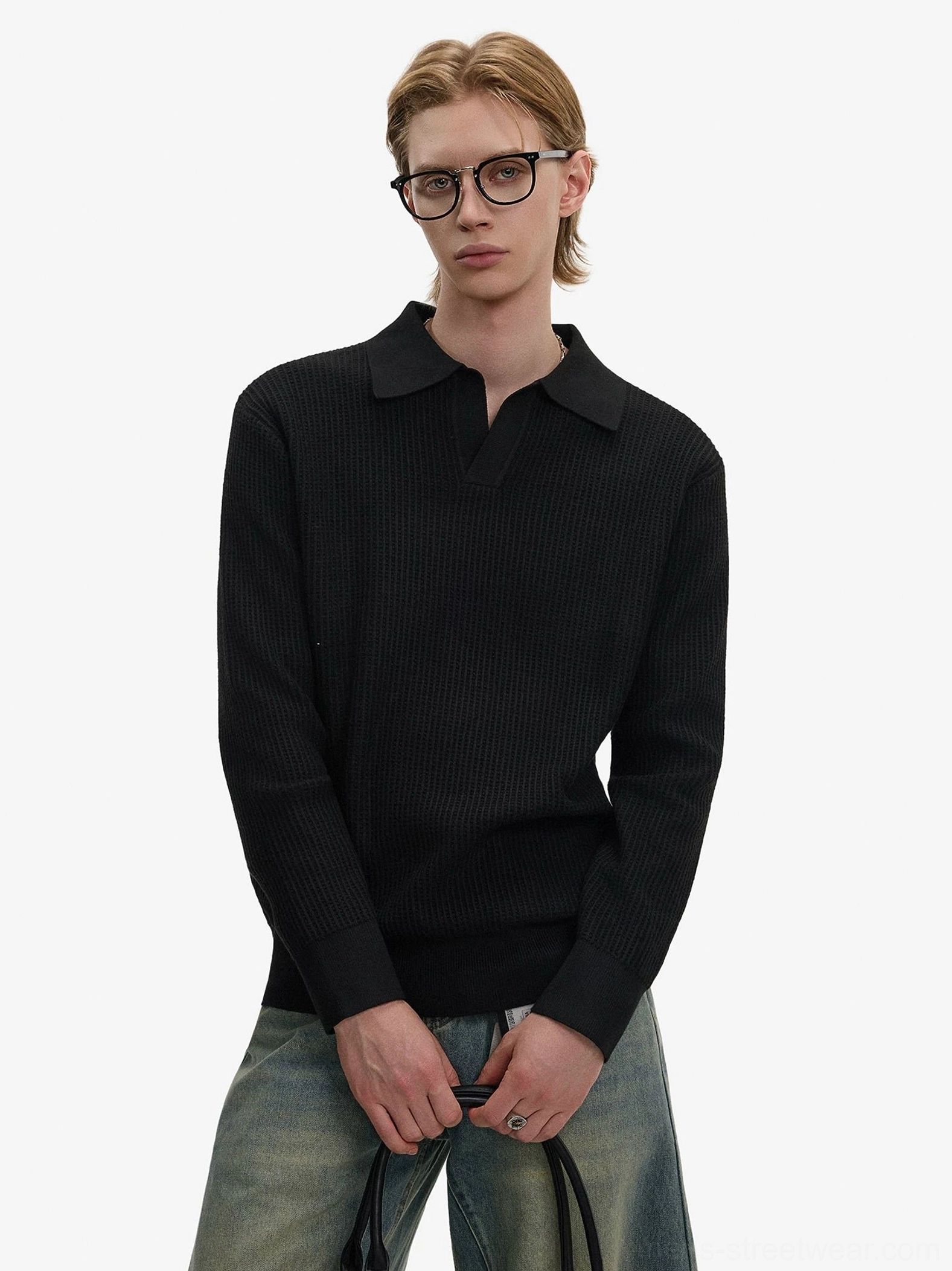 Black waffle knit long sleeve Johnny collar polo sweater paired with washed blue denim and black bag in a clean Korean streetwear outfit