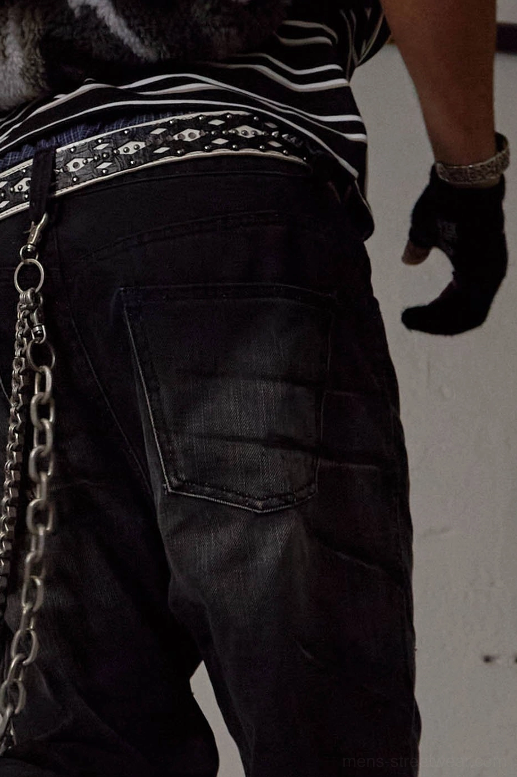 Black washed chain detail flared jeans for Korean streetwear and alternative Y2K outfits