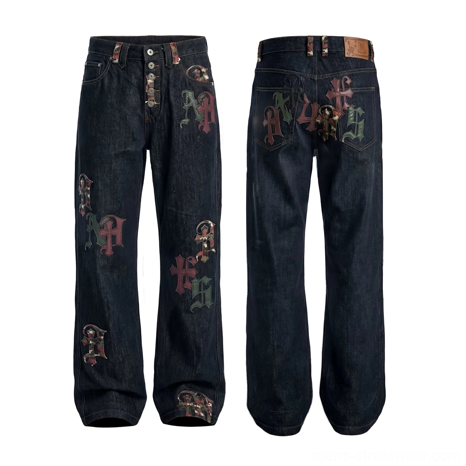 Black washed Gothic letter and cross appliqué straight-leg denim jeans front and back product display
