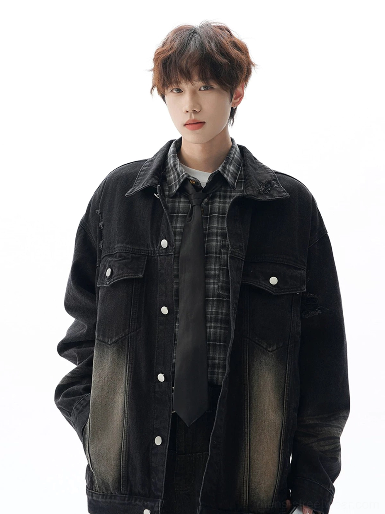 Black washed vintage denim jacket with gradient tan fading, dual chest flap pockets, checkered shirt layering, and oversized Korean street style
