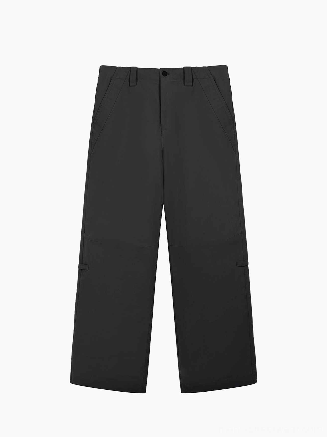 Black washed wide-leg trousers displayed flat with button waistband, belt loops, side pockets, and utility-inspired construction details