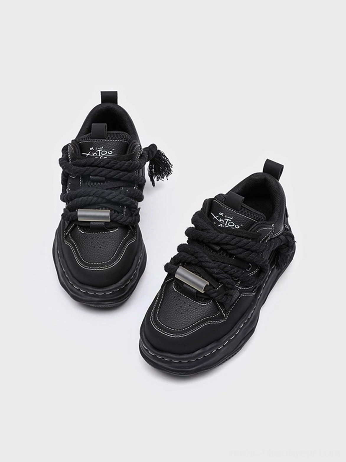 Black wavy platform sneakers designed for Acubi fashion, Seoul streetwear, oversized outfits, cargos, and baggy denim