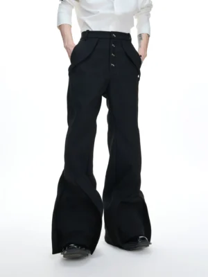 Black wavy sculpt high-waisted flare trousers shown from a low front angle with metal button fly and curved wide-leg silhouette