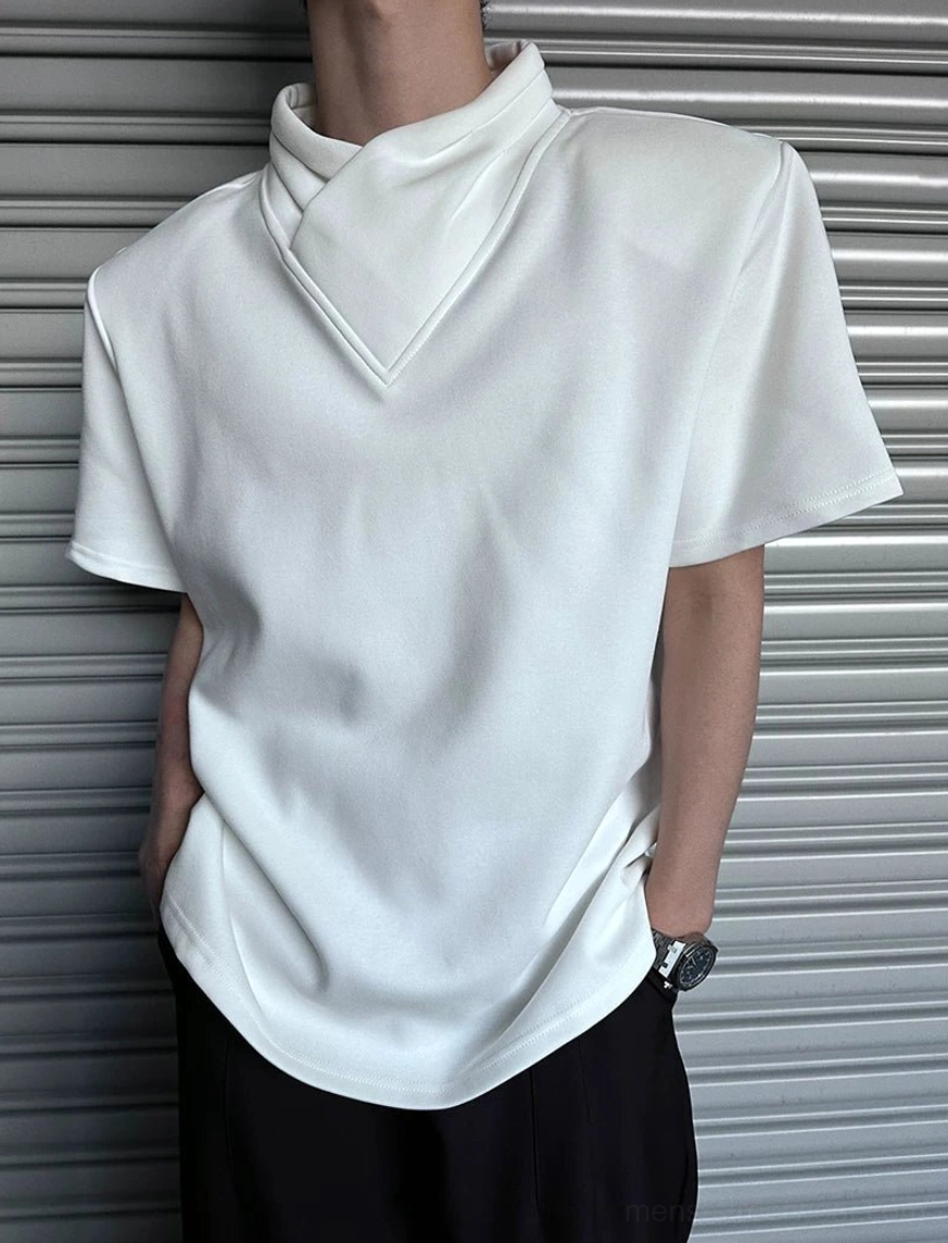 Contemporary black or white asymmetric T-shirt with structured mock neck, short sleeves, and minimalist avant-garde streetwear design