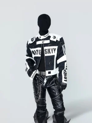 Black and white cropped graphic racing jacket front view with stand collar, zip closure, contrast panels and bold streetwear lettering