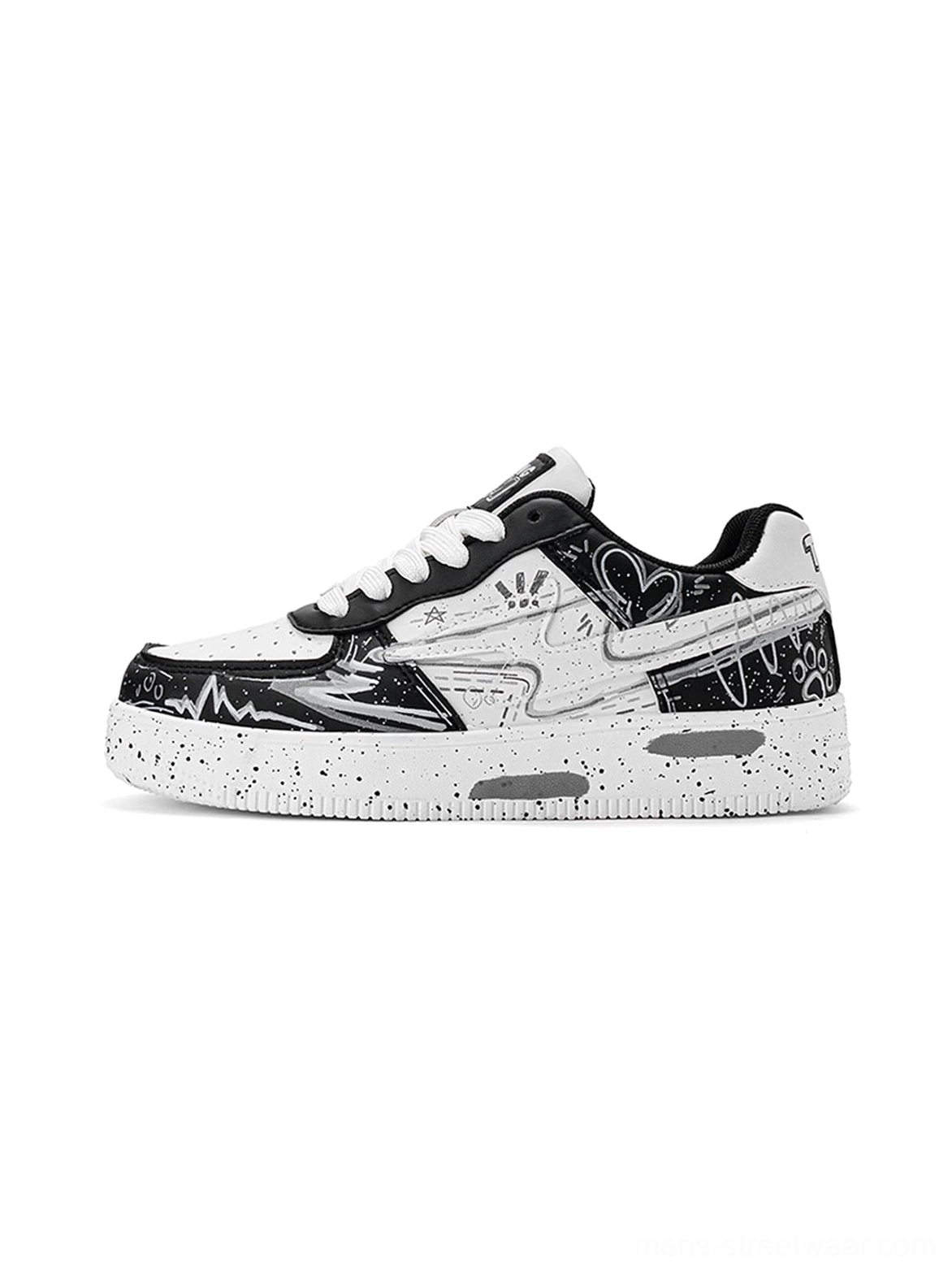 Graffiti lightning low-top court sneakers in a black and white colorway with colorful street-art graphics and a flat casual outsole