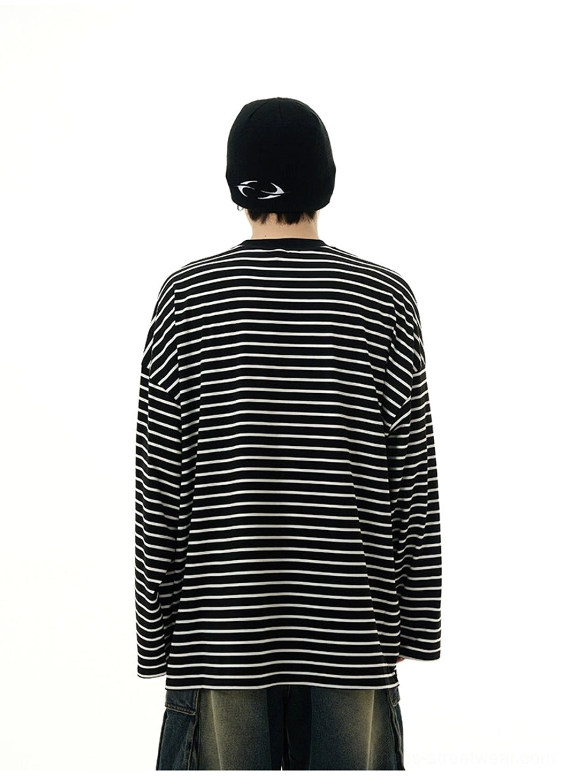 Back view of a black and white horizontal striped long sleeve streetwear tee with clean minimal design