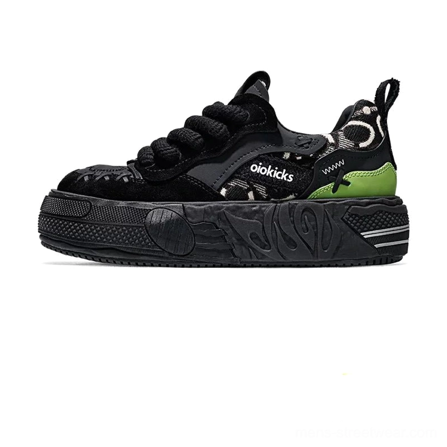 Black and white khaki colorway chunky leather platform sneakers displayed side by side