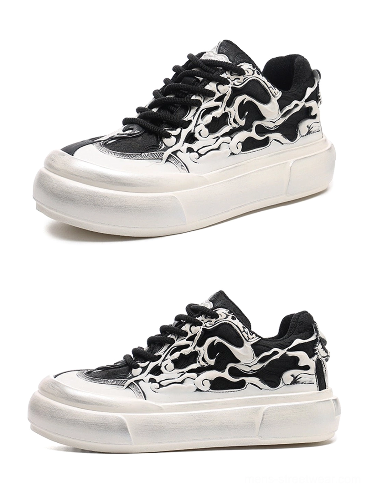 Black white Tai Chi panda chunky platform sneakers with graphic streetwear artwork, oversized silhouette, and elevated sole