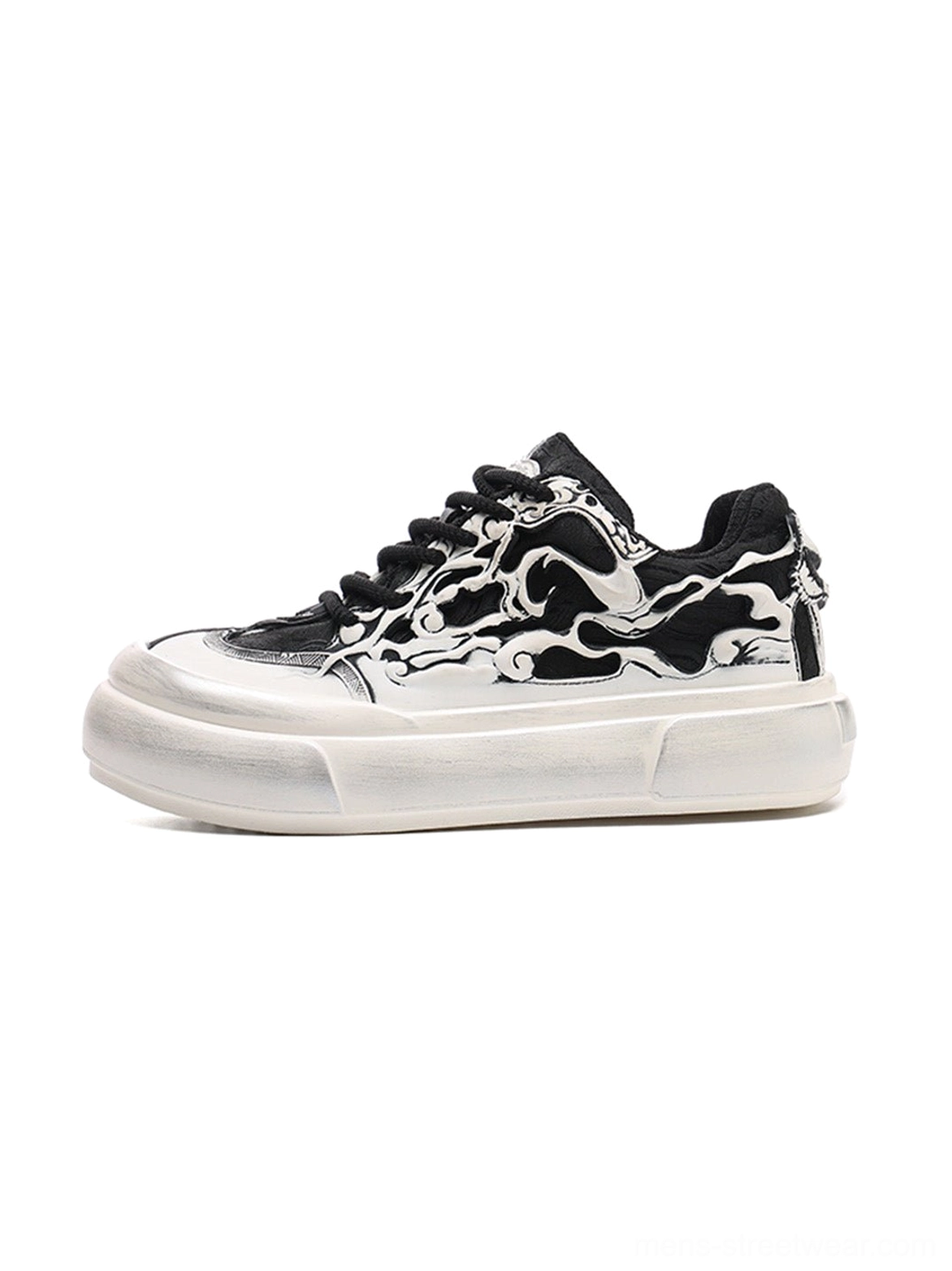 Black white Tai Chi panda chunky platform sneakers with graphic printed upper, lace-up closure, and elevated off-white sole