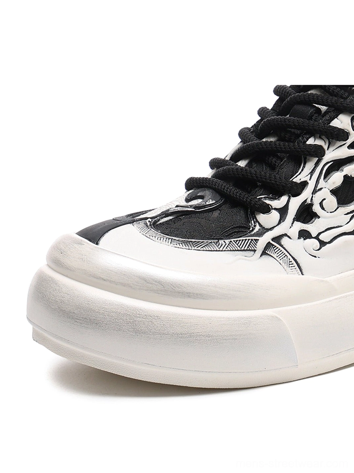 Black white Tai Chi panda graphic platform sneakers designed for Korean streetwear, Seoul fashion, and alternative casual outfits