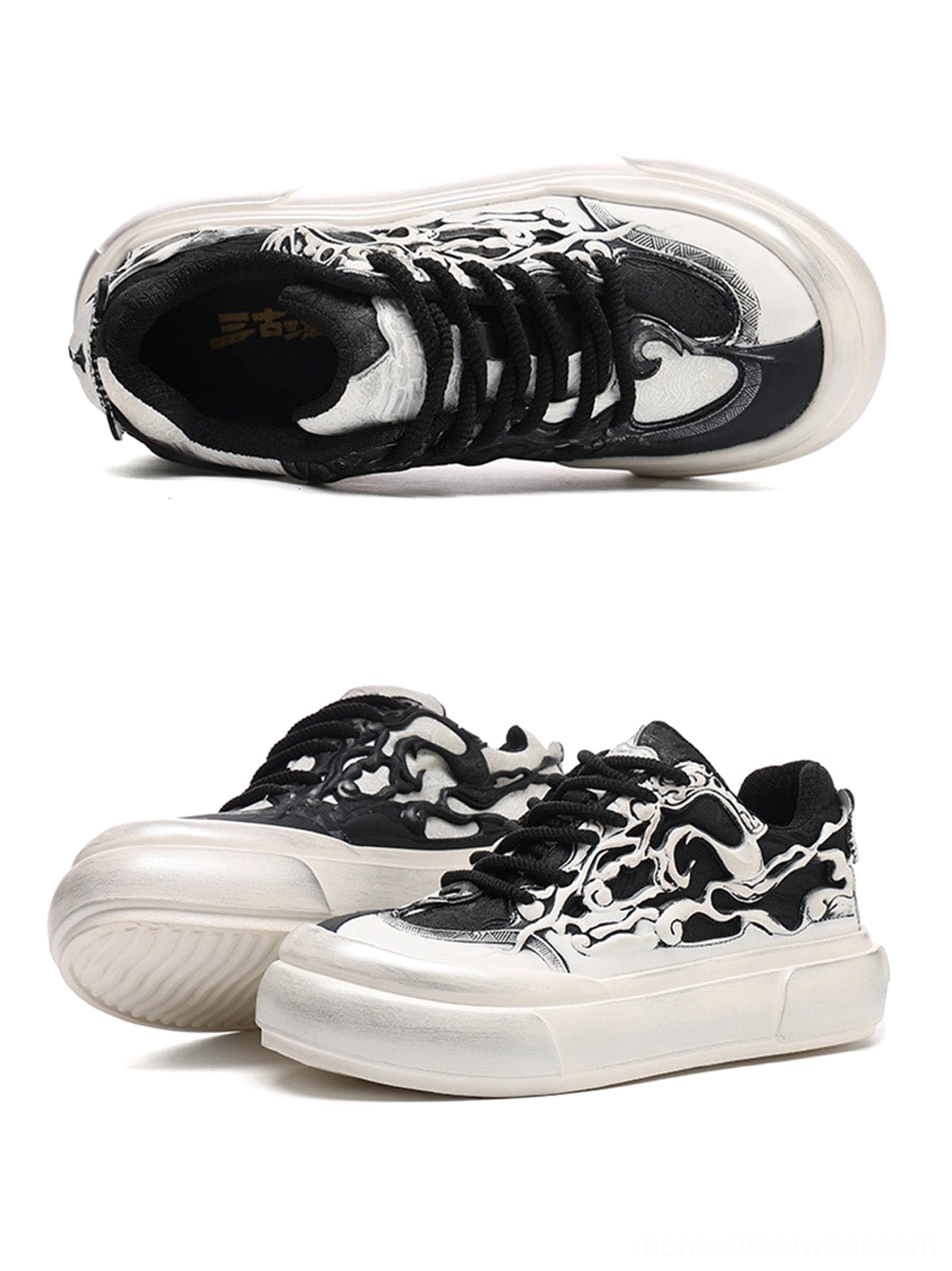 Black white Tai Chi panda platform sneakers featuring bold monochrome artwork, lace-up construction, and thick fashion sneaker sole