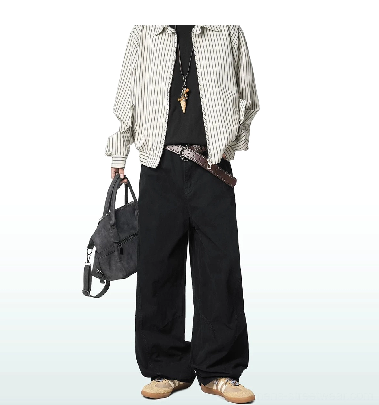 Black wide-leg cargo trousers styled with a brown leather belt, striped shirt and leather crossbody bag for a modern Korean streetwear outfit
