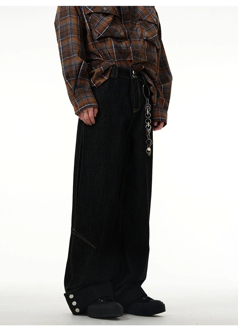 Black wide-leg cuffed button-detail jeans product image for contemporary Seoul streetwear and relaxed urban denim styling