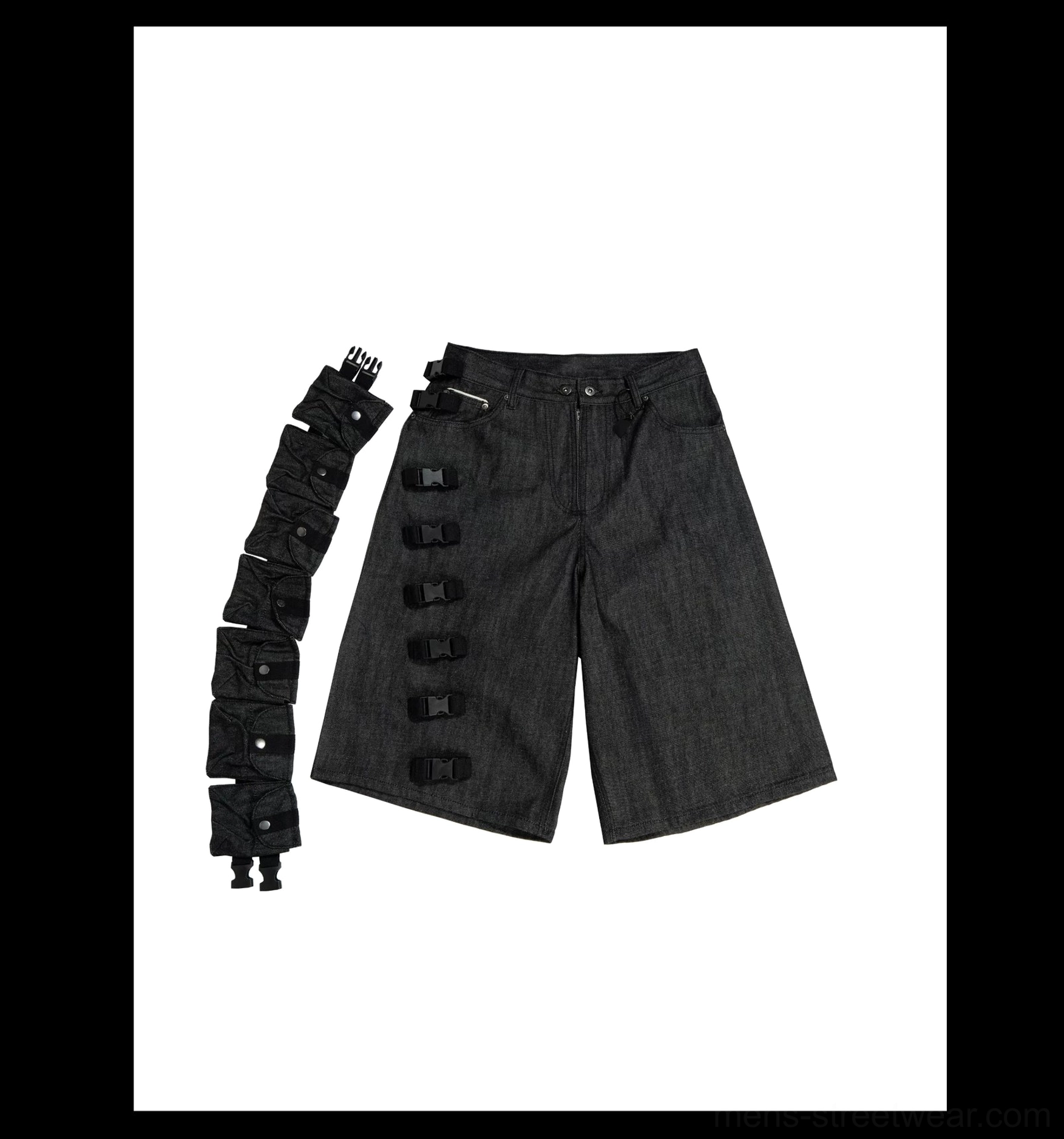 Black wide-leg denim cargo cropped shorts angled flat lay showing detachable tactical ladder strap pouch attachment