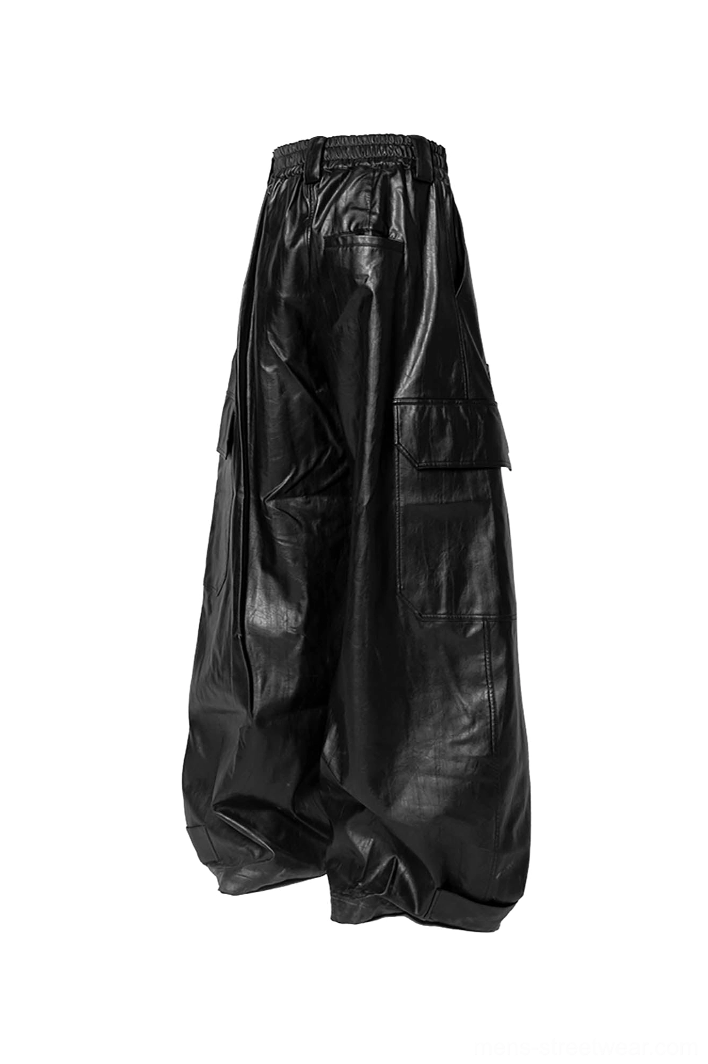 Detailed product view of black wide-leg gothic cargo pants with leather-look finish, elastic waistband and cargo pockets