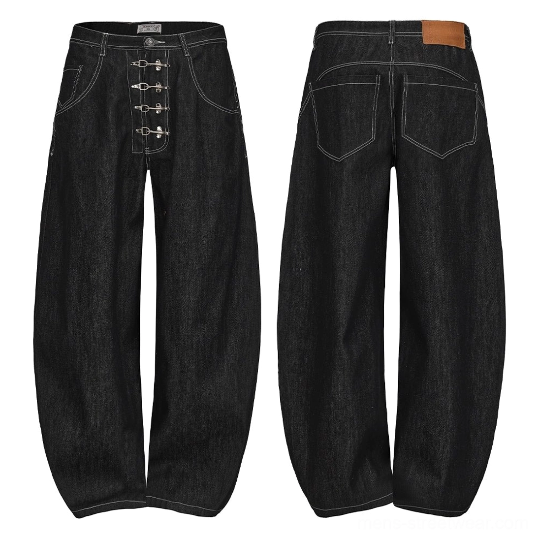 Black wide leg hook closure contrast stitch jeans dark denim full product view