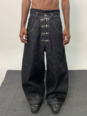 Black wide leg hook closure contrast stitch jeans front product view on grey background