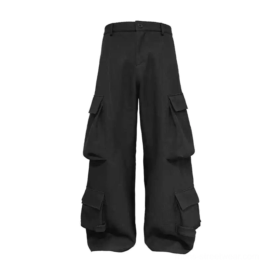 Black wide-leg multi-pocket cargo trousers with structured silhouette for avant-garde urban outfits