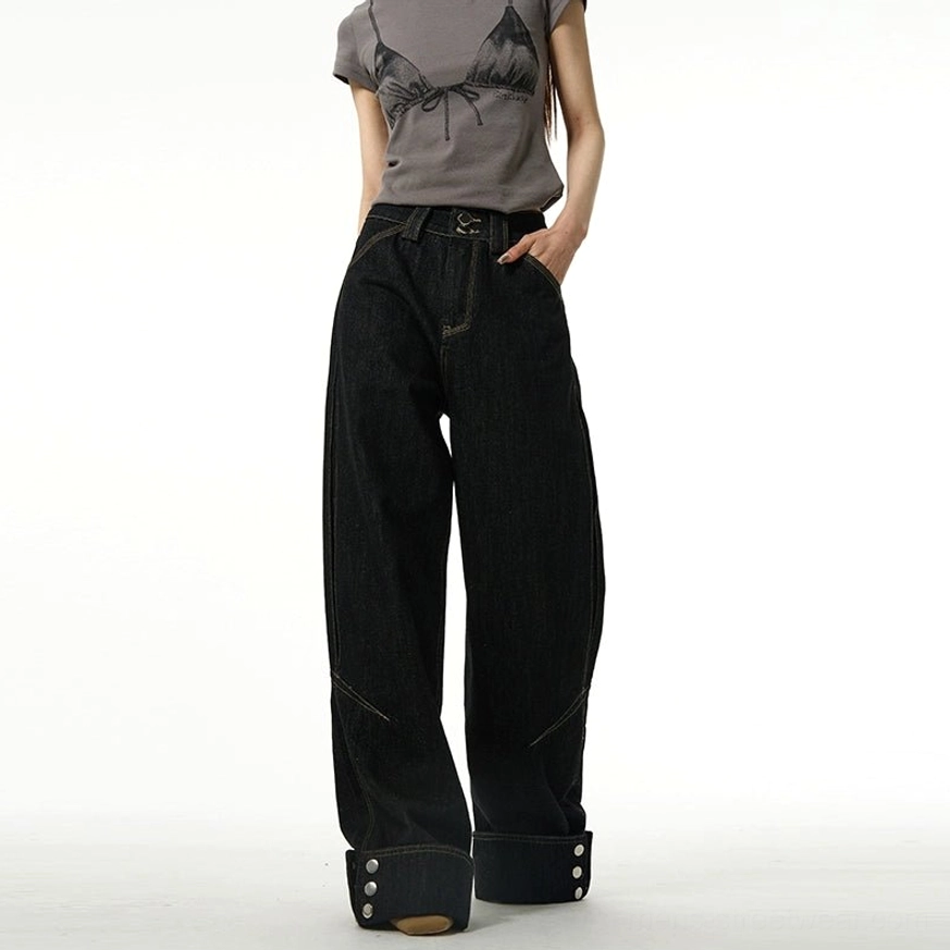 Black wide-leg rolled-cuff jeans with contrast stitching and metal button details for Korean streetwear and modern casual outfits