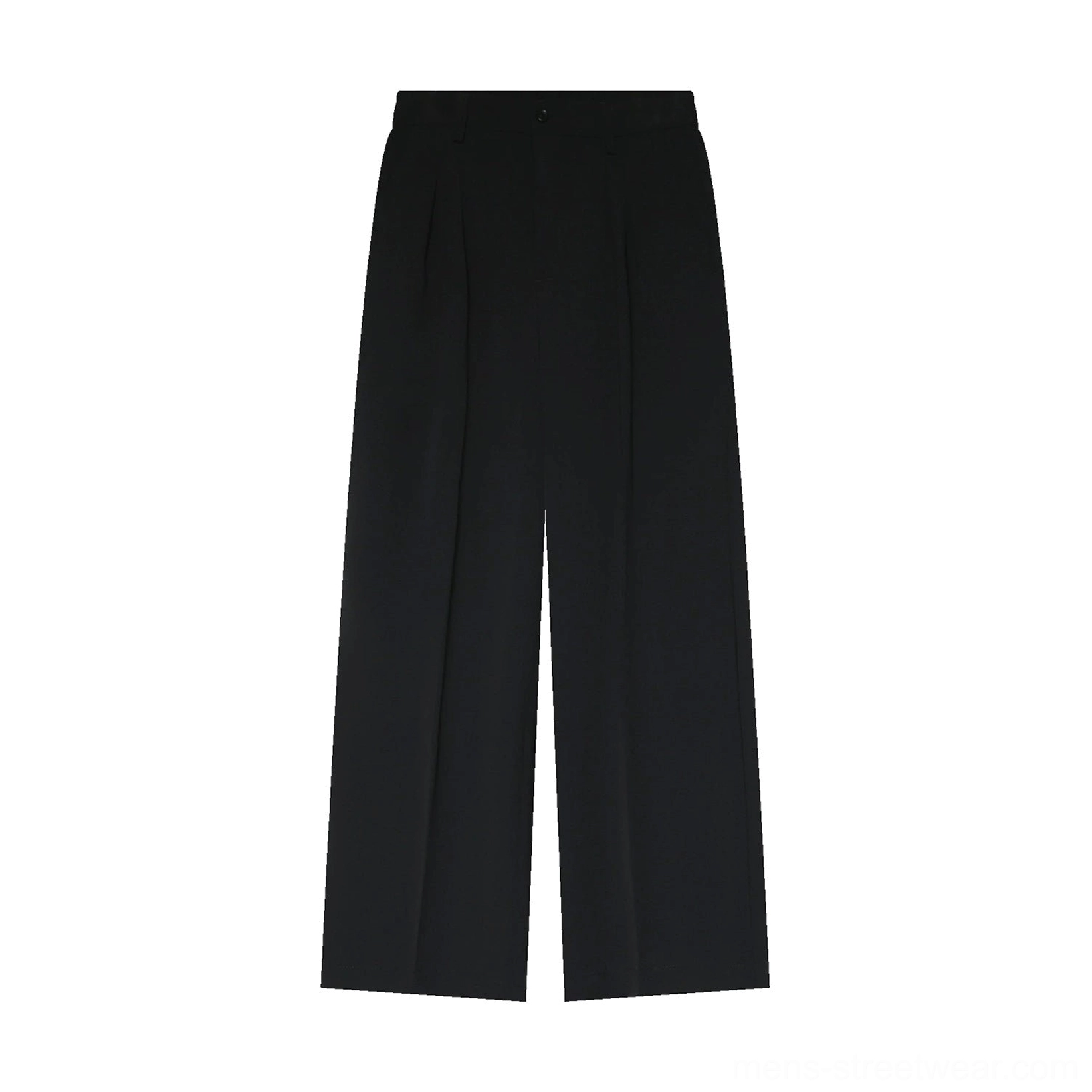 Black wide-leg suit trousers flat lay showing matte fabric tailored waistband front pleats and contemporary avant-garde streetwear cut