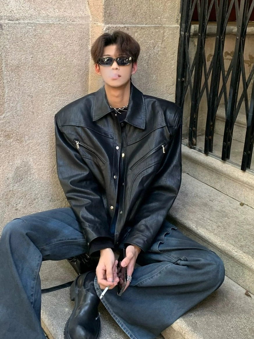 Black wide-shoulder cropped denim jacket variant styled as a bold Seoul streetwear layer