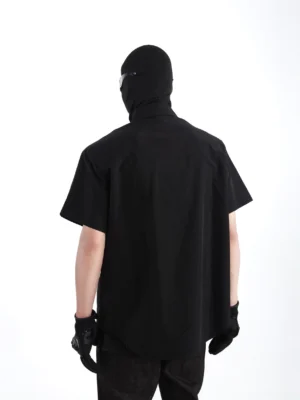 Black relaxed fit Woodstuck short sleeve button-up streetwear shirt back view with clean solid back
